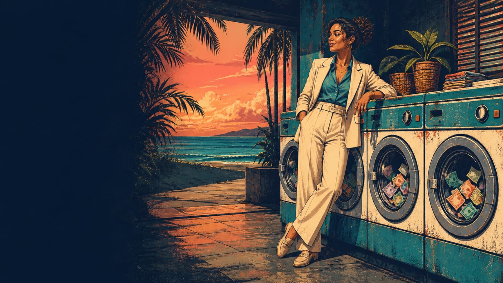 An original illustrated crime boss in a Caribbean laundromat at sunset