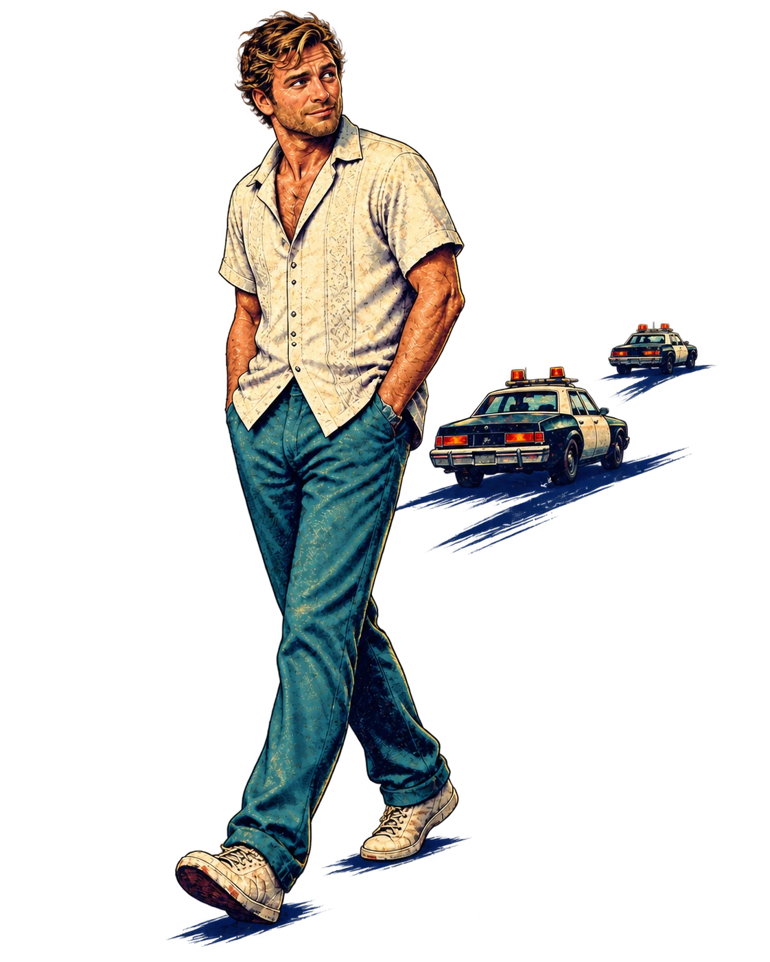 An unbothered man in a cream shirt and teal trousers strolls away from two pursuing police cars.