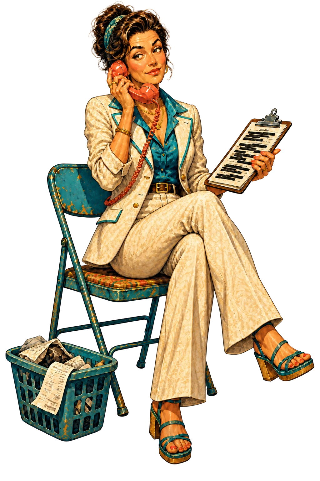 A sharply dressed fixer answers a coral telephone while holding a clipboard of redacted paperwork.