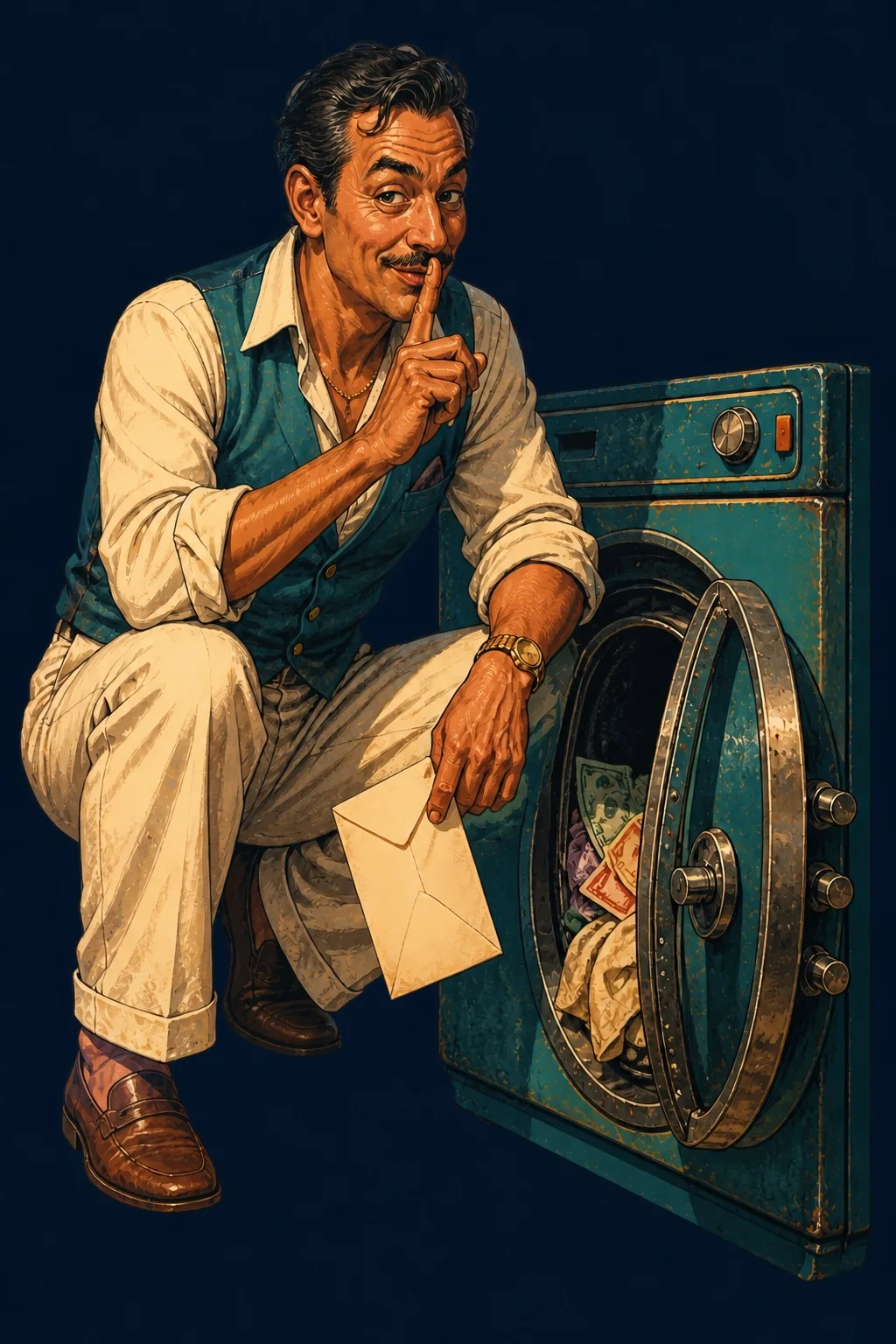 A conspiratorial laundromat accomplice shushes the viewer beside a washing machine hiding a safe full of cash.